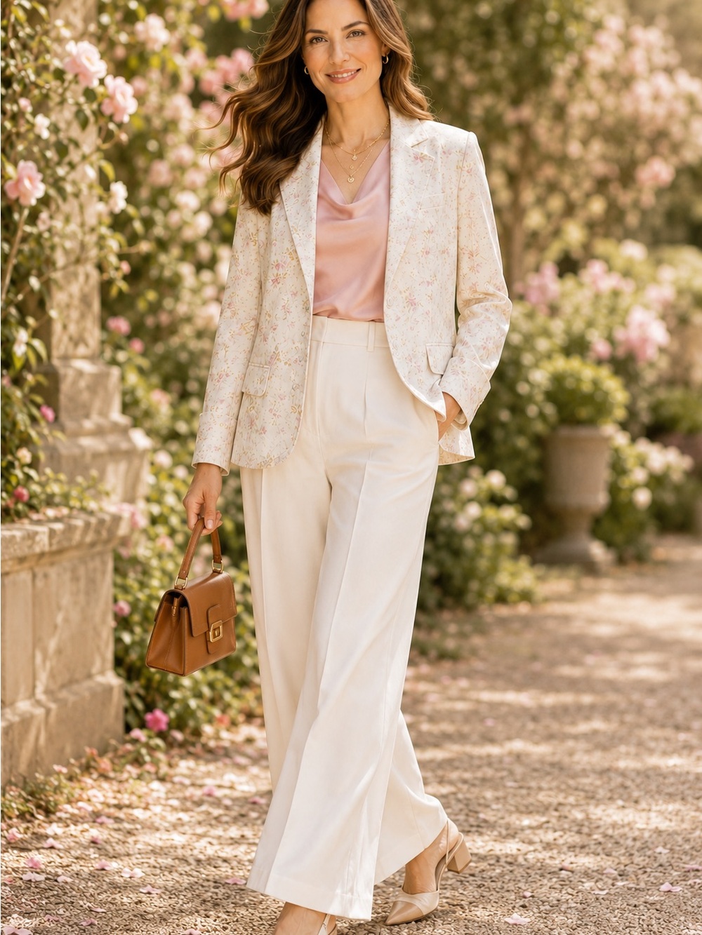 Chaps Cream Pink Floral Blazer Pearl Button Cottagecore Jacket Romantic Feminine
